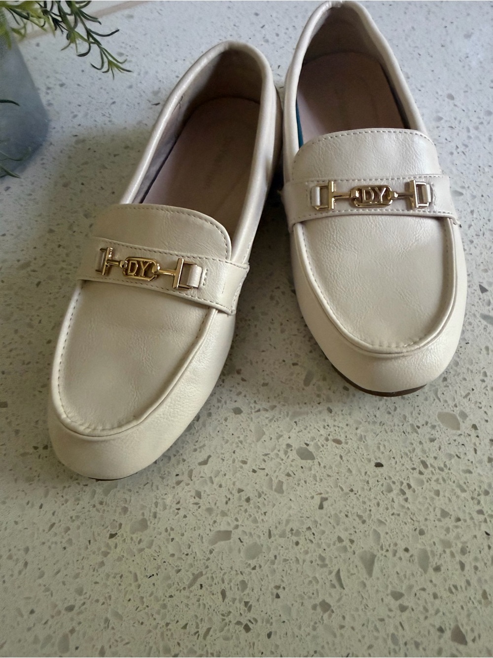 Women's Cream Slip-On Loafers with Gold Hardware